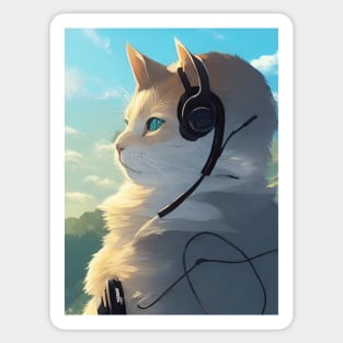 Orange cat wearing headphones with blue sky background Sticker